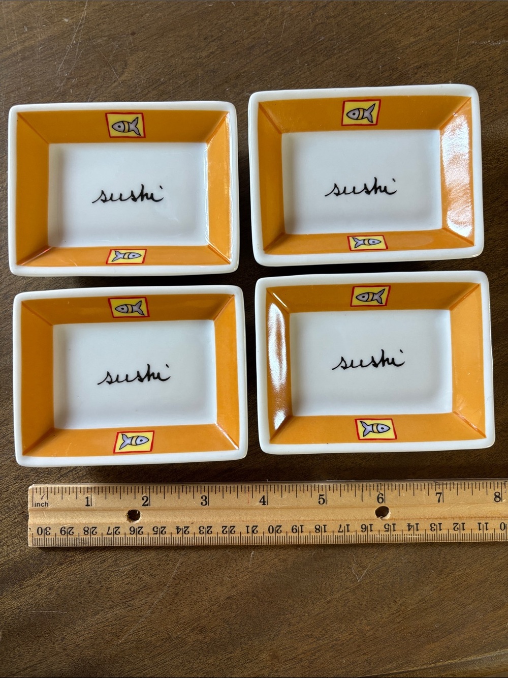 Set of 4 Orange & White Sushi spy/wasabi Dishes 2.5x1.75”